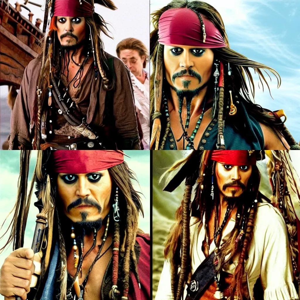 Prompt: Jim Carrey as Jack Sparrow, dressed as Jack Sparrow from Pirates of the Caribbean, photo