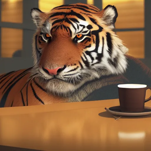 Prompt: A tiger chilling in a coffee shop sipping on his hot steaming coffee, hyperdetailed, artstation, cgsociety, 8k