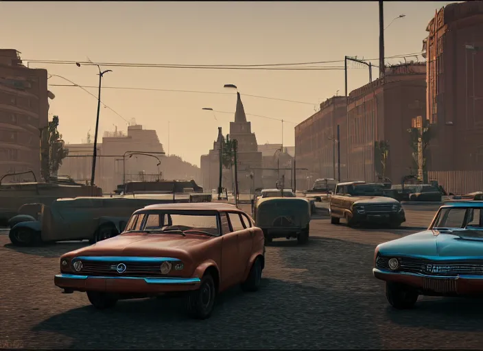 Prompt: hyperrealistic matte painting of gta game in soviet moscow, 1 9 6 0, playstation 5 screenshot, fine details, golden hour, beautiful rtx reflections, soviet suburbs, photorealistic, unreal engine 5, octane render, volumetric light, featured on cg society, 4 k, 5 0 mm bokeh, russian lada car, artstation