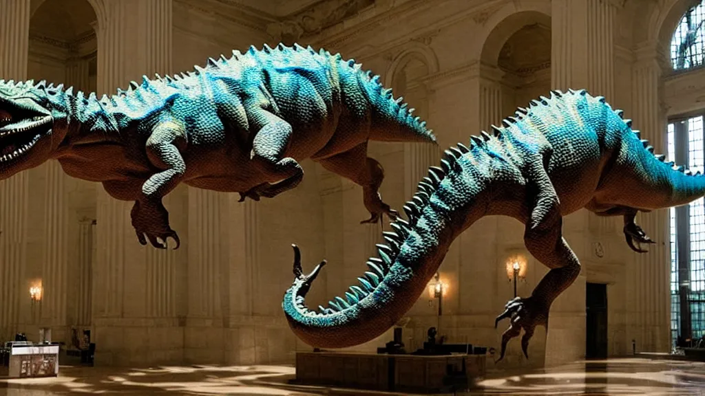 Image similar to the strange dinosaur in city hall, made of wax and water, film still from the movie directed by Denis Villeneuve with art direction by Salvador Dalí, wide lens