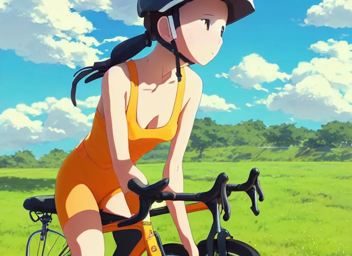 Prompt: portrait of cute girl riding road bike, sunny sky background, lush landscape, illustration concept art anime key visual trending pixiv fanbox by wlop and greg rutkowski and makoto shinkai and studio ghibli and kyoto animation, symmetrical facial features, sports clothing, yellow helmet, nike cycling suit, backlit, aerodynamic frame, orange handlebar, realistic anatomy