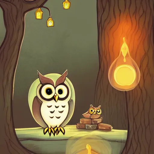 Prompt: a cute cartoon picture of an adorable owl of athena!! next to a a jar of fireflies! in the woods, a storybook illustration by arabella rankin and nyuju stumpy brown, behance contest winner, featured on pixiv, context art, storybook illustration, pop surrealism, nightscape, digital illustration