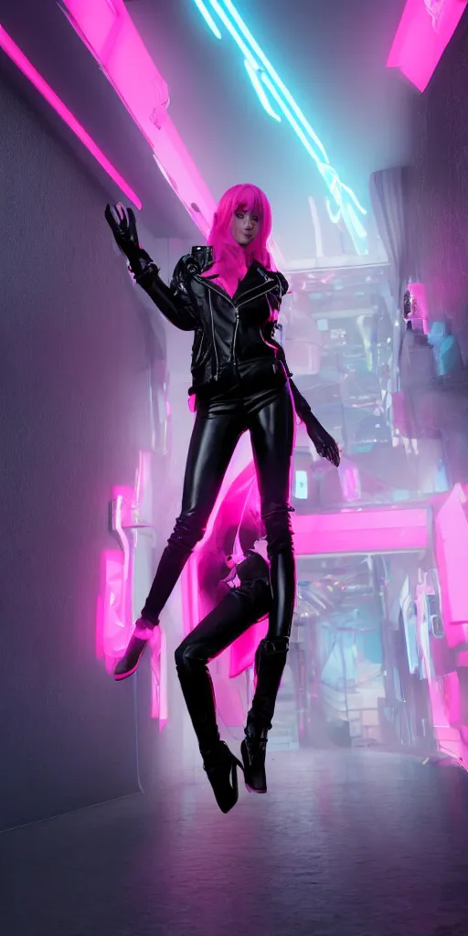 Prompt: a photo of 8k ultra realistic a black haired female rock star in high heels and a black leather jacket, pink and blue neon, cinematic lighting, trending on artstation, 4k, hyperrealistic, focused, extreme details, unreal engine 5, cinematic, masterpiece