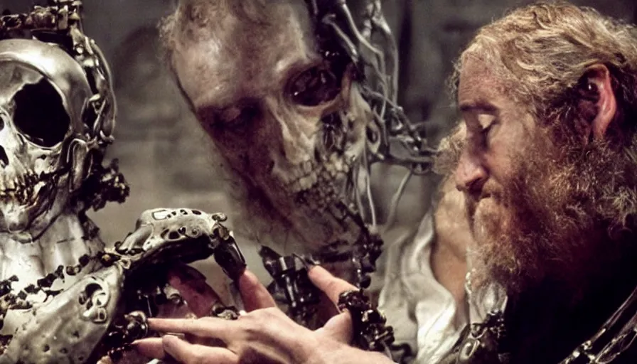 Prompt: Movie by Ridley Scott about an 16th century alchemist lab where a lavishly dressed necromancer priest kisses a cyborg zombie