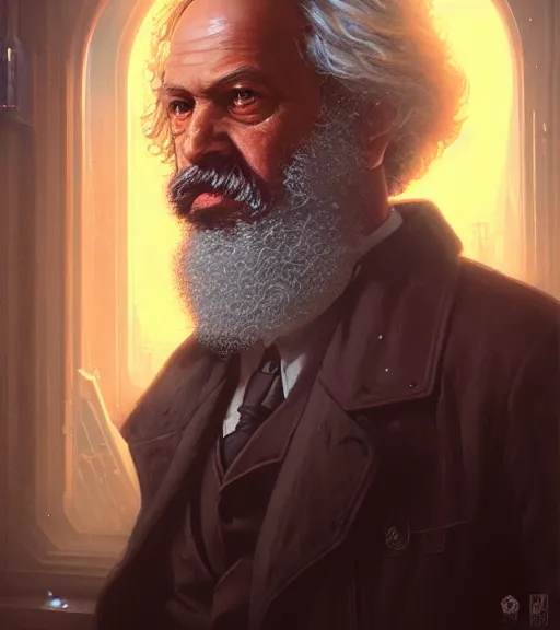 Image similar to highly detailed portrait of karl marx in cyberpunk, cyborg, stephen bliss, unreal engine, fantasy art by greg rutkowski, loish, rhads, ferdinand knab, makoto shinkai and lois van baarle, ilya kuvshinov, rossdraws, tom bagshaw, global illumination, radiant light, detailed and intricate environment