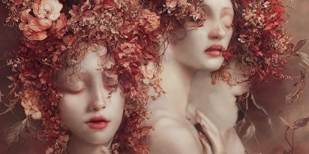 Image similar to breathtaking detailed concept art painting blend of red short curly hair goddesses of flowers by hsiao - ron cheng with anxious piercing eyes, vintage illustration pattern with bizarre compositions blend of flowers and fruits and birds by beto val and john james audubon, exquisite detail, extremely moody lighting, 8 k