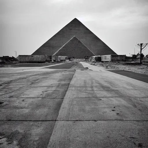 Prompt: gigantic concrete pyramid in the background, all seeing eye, haunting desolation, post apocalyptic, abandoned city