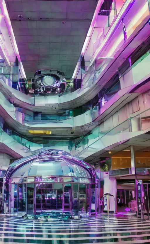 Prompt: photo of a chrome blob in a vaporwave mall, sharp wide shot lofi