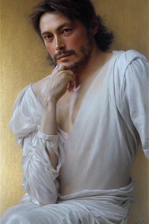 Image similar to portrait en buste alain delon by mark arian, by hughes merle, by pierre auguste cot, perfectly detailed eyes oil on canvas, masterpiece, realism,
