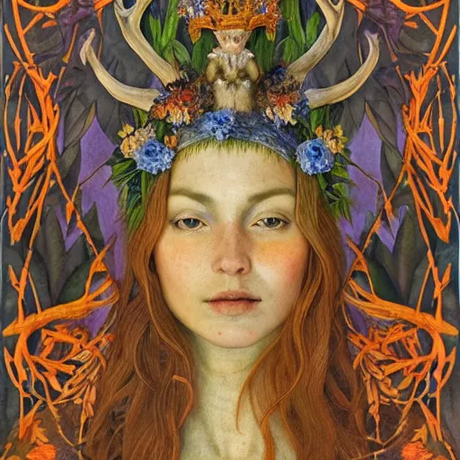 Image similar to queen of the forest wearing an antler crown, by Annie Swynnerton and Nicholas Roerich and (((Donato Giancola))), embroidered robes, floral tattoos, bioluminescent skin!, elaborate costume, geometric ornament, symbolist, soft colors, dramatic lighting, smooth, sharp focus, extremely detailed