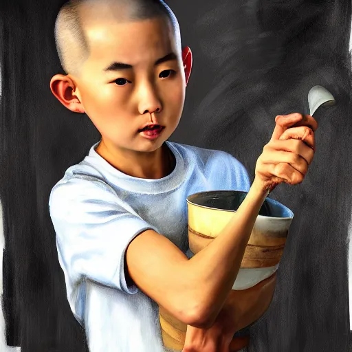 Image similar to dramatic portrait of chinese boy buzz cut, holding a cooking pan, digital painting