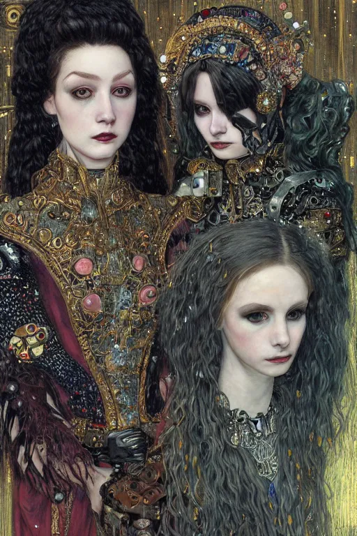 Image similar to portrait of two beautiful young gothic maidens, cyberpunk, Warhammer, kiss, highly detailed, artstation, illustration, art by Gustav Klimt