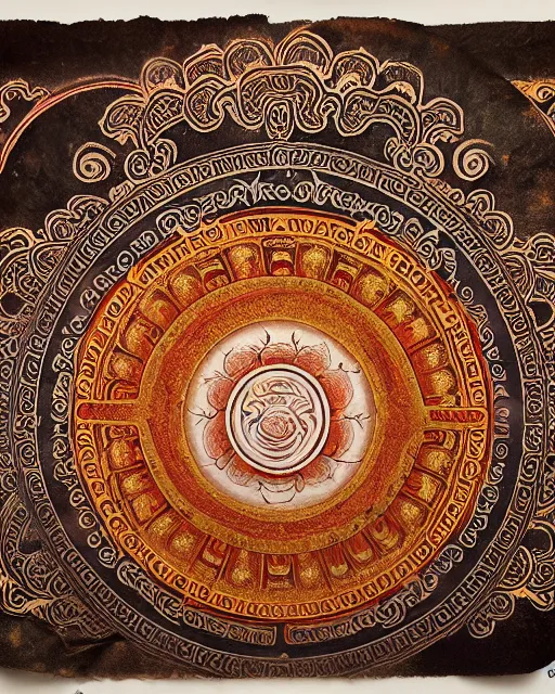 Prompt: a Thangka mandala painting and Tibetan calligraphy on Dark paper, old grunge and rotten paper, antique burnt edges, Tarot card, Tibetan text script, Tibetan manuscript, ultra realistic, sharp focus, symmetric, 8k high definition, insanely detailed, intricate, elegant, Hajime Sorayama, Octane render, unreal engine,