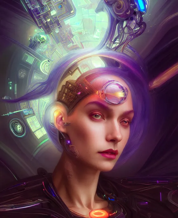 Image similar to a whirlwind of souls rushing inside the metaverse, hologram, half body, neurochip, shaved temple, piercing, jewelry, android, cyborg, cyberpunk face, by loish, d & d, fantasy, intricate, elegant, highly detailed, colorful, digital painting, artstation, concept art, art by artgerm and greg rutkowski and alphonse mucha