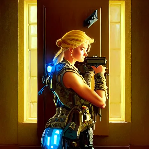 Image similar to portrait of beautiful blonde female sniper with blue eyes in front of room door. shadowrun cyberpunk fantasy d & d painting by gaston bussiere craig mullins jc leyendecker gustav klimt artgerm greg rutkowski john berkey, bergey, craig mullins, ruan jia, raymond swanland, tom lovell fortnite