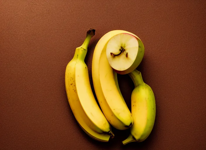 Image similar to photo still of a banana eating an apple, 8 k, studio lighting bright ambient lighting key light, 8 5 mm f 1. 8