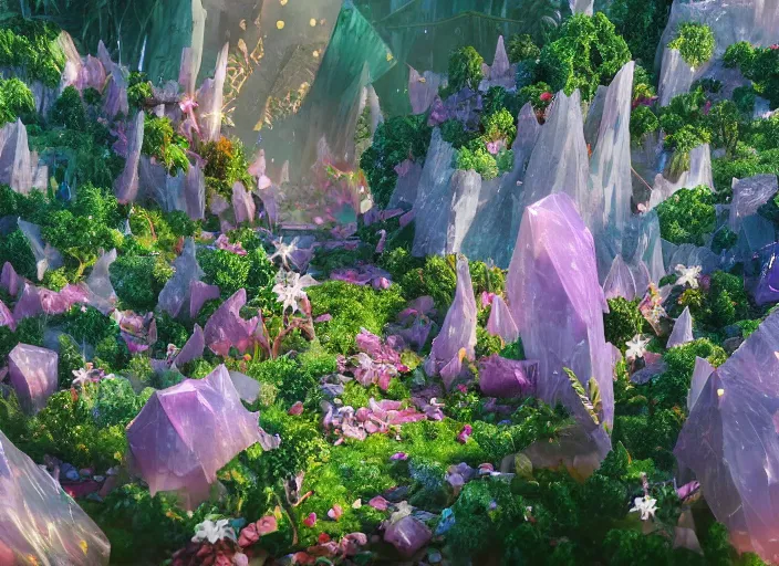 Image similar to shimmering crystal city made of diamond and rose quartz with gold decoration, sparkling in the sunlight, surrounded by lush flowers and green leaves. trending on artstation.