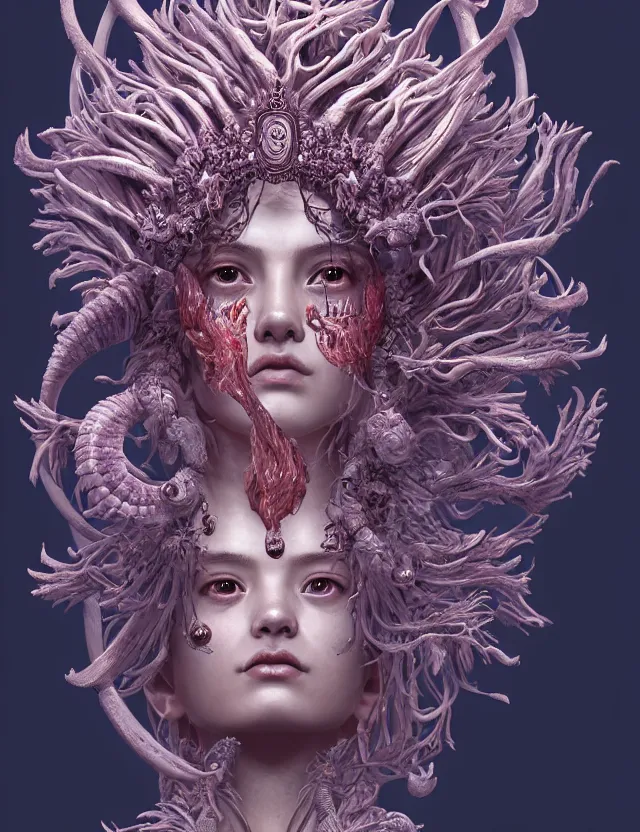 Image similar to symmetrical, centered, zbrush sculpt of goddess close-up portrait wigh crown made of skulls. phoenix betta fish, phoenix, bioluminiscent creature, super intricate ornaments artwork by Tooth Wu and wlop and alena aenami and greg rutkowski