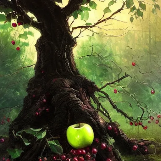 Prompt: a tree with many black colored apples, black poison apples, #black apples painted by rossdraws, greg rutkowski, thomas kindkade