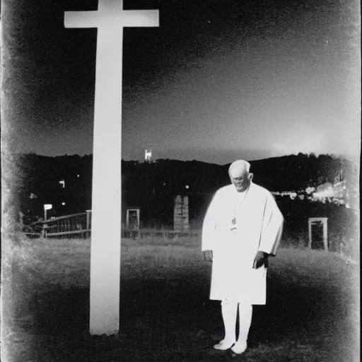 Image similar to photograph of john paul ii standing outside a small burning church with a glowing holy cross on its roof, night, black