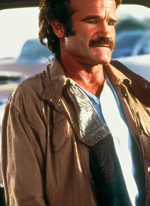 Prompt: film still of Robin Williams as Martin Riggs in Lethal Weapon, 4k