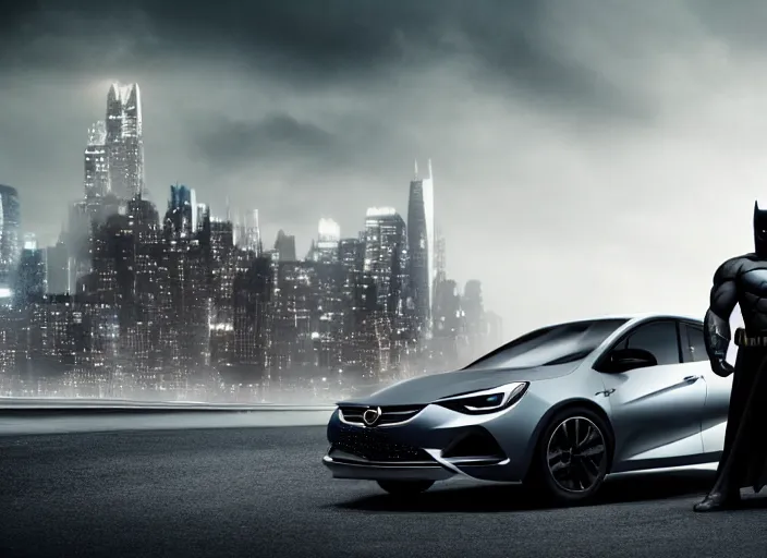 Image similar to batman standing next to 2 0 2 2 opel sedan, vehicle photography