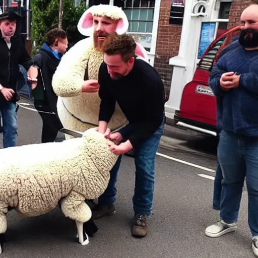 Image similar to photo of a man in a sheep costume in flames and jesus is helping him outside a british pub