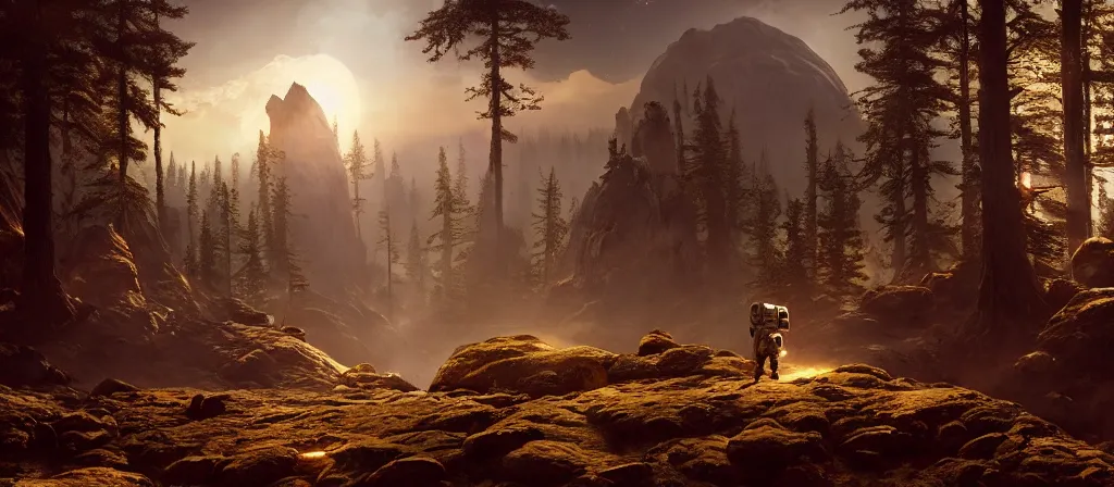 Prompt: one astronaut on forest planet, beautiful dynamic lighting, cinematic, wide angle establishing shot, extremely high detail, photo realistic, cinematic lighting, post processed, concept art, artstation, matte painting, style by frederic church, raphael lacoste, unreal engine 8 k, roger deakins