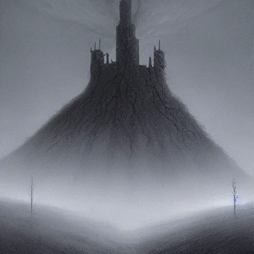 Prompt: A haunting dark castle stands over a misty orchard, a crescent moon dimly shines; lighting a small path that winds through the trees. A matte painting in the style of Wayne Barlowe, by Zdzisław Beksiński.