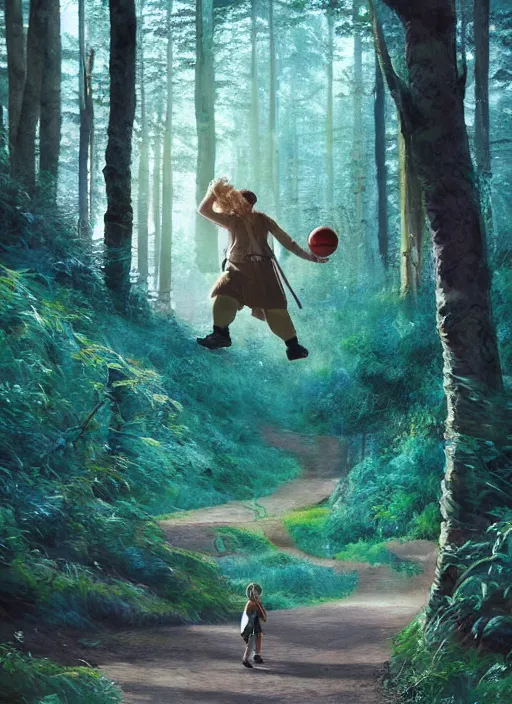Prompt: a hobbit wearing hiking boots and teal gloves playing basketball in a forest, painting by beeple