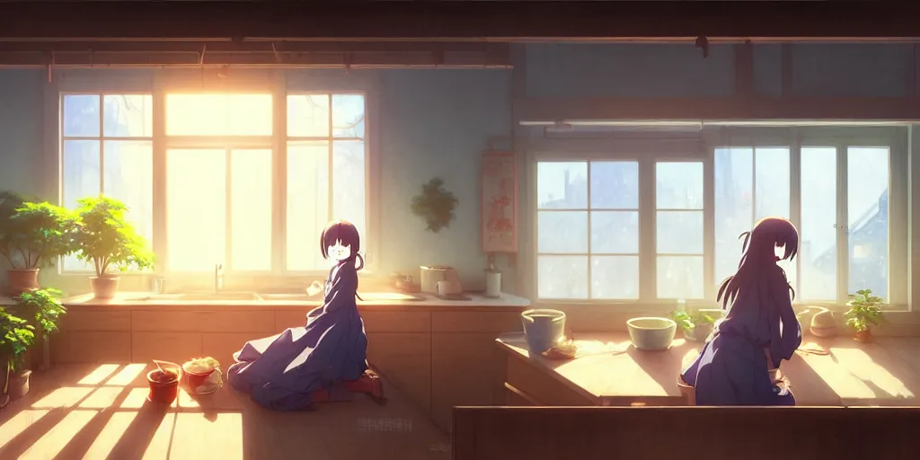 Image similar to interior background art, bright window lit kitchen, morning, steaming food on the stove, wooden floors, houseplants, cottage decor, gapmoe yandere grimdark, trending on pixiv fanbox, painted by greg rutkowski makoto shinkai takashi takeuchi studio ghibli, akihiko yoshida