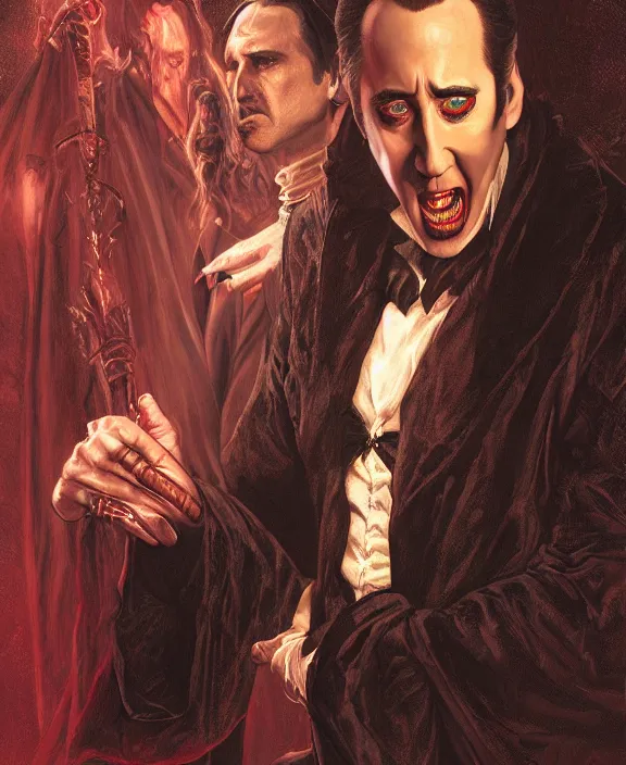 Prompt: nicolas cage as dracula, highly detailed, centered, artstation, concept art, smooth, sharp focus, illustration, bokeh art by artgerm and donato giancola and joseph christian leyendecker