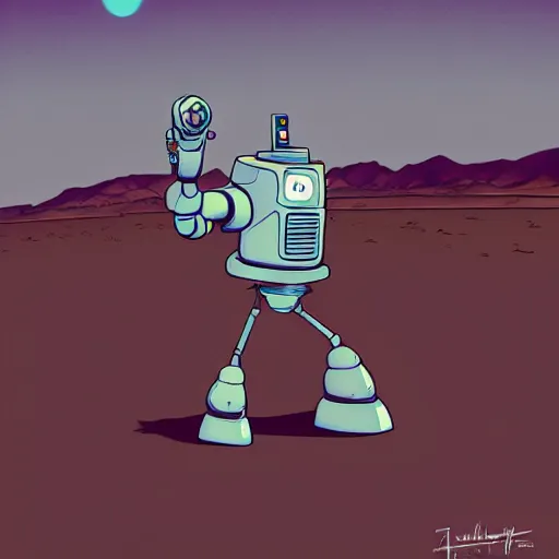 Image similar to a study of cell shaded cartoon of a robot dancing on a desert road, full body, wide shot, very muted colors, post grunge, studio ghibli, laurie greasley, highly detailed, deviantart, art by artgem