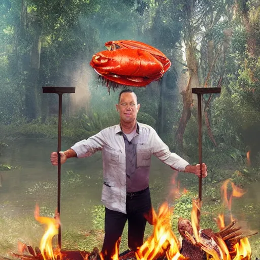 Image similar to Tom Hanks as forrest holding a giant shrimp on a stick over a campfire in the jungle, realistic digital painting, in the style of Aleksi Briclot, photoreailstic, realistic face, amazing detail, sharp