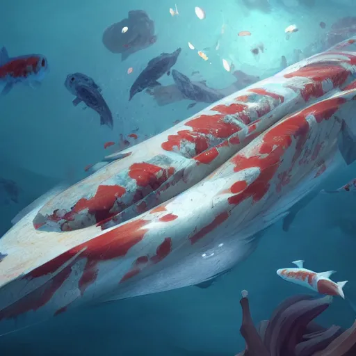 Prompt: subsurface scattering, white, giant submarine, koi colors, avoiding koi, octane render, jesper ejsing, justin gerard, james jean, tomasz alen kopera, cgsociety, fenghua zhong, makoto shinkai, highly detailed, rim light, art, cinematic lighting, very coherent, hyper realism, 8 k