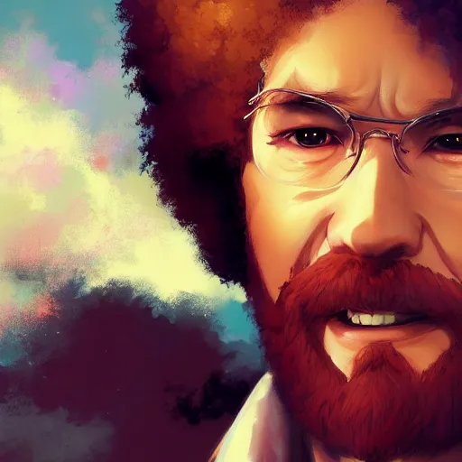 Prompt: An anime portrait of Bob Ross, by Stanley Artgerm Lau, WLOP, Rossdraws, James Jean, Andrei Riabovitchev, Marc Simonetti, and Sakimichan, tranding on artstation, SFW version