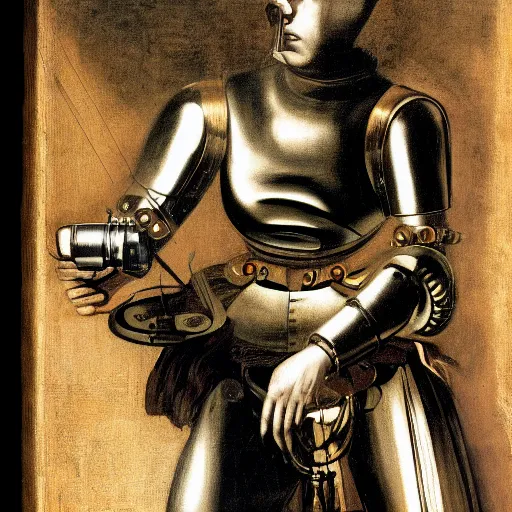 Image similar to a portrait of cyborg king connected to a man-machine interface by Caravaggio, renaissance style