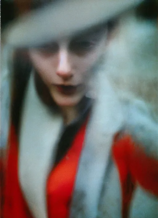 Image similar to portrait, blurry, street photography by saul leiter, red, pale