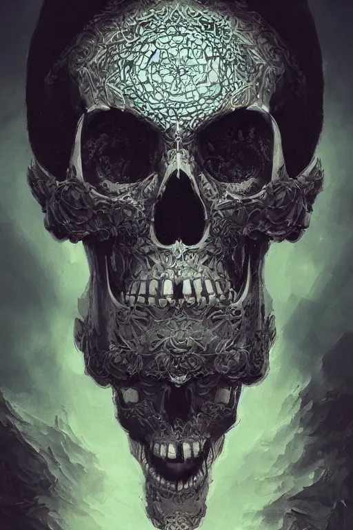 Image similar to concept art skull, the skull is decorated with art deco patterns, close - up portrait, powerfull, intricate, elegant, volumetric lighting, scenery, digital painting, highly detailed, artstation, sharp focus, illustration, concept art, ruan jia, steve mccurry