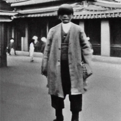 Image similar to grainy vintage photo of a person in modern clothes walking the streets of 1910s Japan