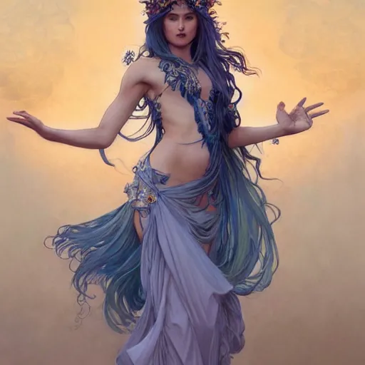 Image similar to goddess, blue hair, long hair, hands open for a hug, intricate, elegant, ethereal, highly detailed, digital painting, artstation, concept art, smooth, sharp focus, illustration, art by artgerm and greg rutkowski and alphonse mucha