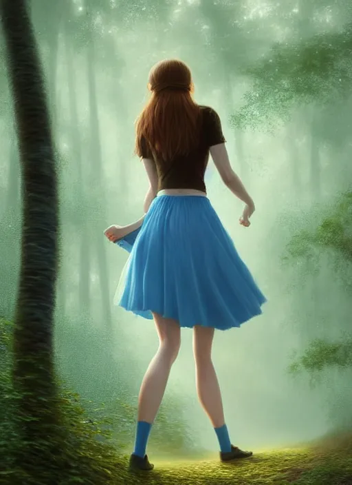 Prompt: young woman walking : : very short blue skirt : : magic raining forest nature : : weta disney pixar movie still photo : : decadent highly - detailed digital painting, full length shot, golden ratio, octane render, artstation, smooth, sharp focus, artgerm, mucha, loish, wlop, gogo