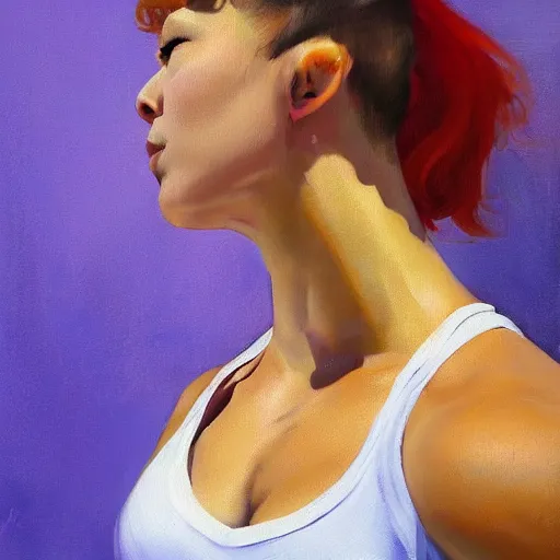 Image similar to greg manchess portrait of weightlifter zarya from overwatch, medium shot, asymmetrical, profile picture, organic painting, sunny day, matte painting, bold shapes, hard edges, street art, trending on artstation, by huang guangjian and gil elvgren and sachin teng