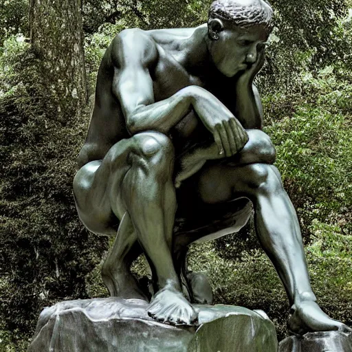 Prompt: The thinker sculpture by auguste rodin mushrooms at the base , placed in a lush forest, sketch, William Bartram