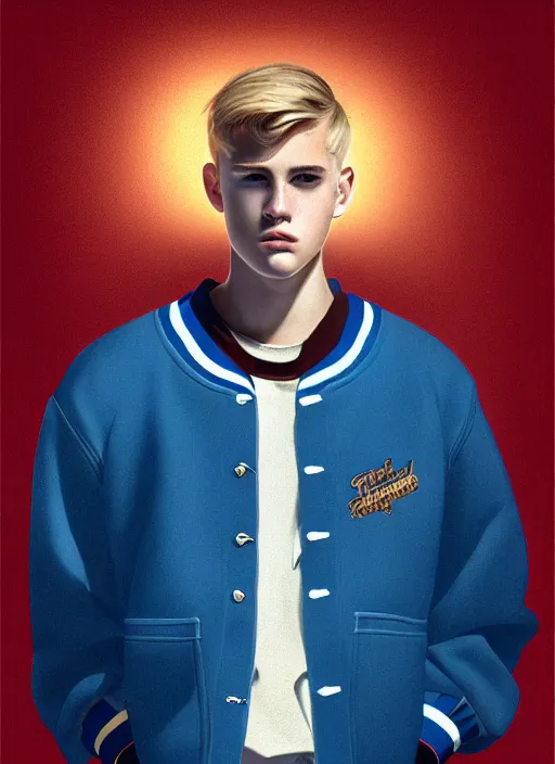 Image similar to portrait of a teenage boy named moose mason, blonde short hair, jock, beefy, square jaw, square facial structure, 1 9 5 0 s, blue varsity jacket, intricate, elegant, glowing lights, highly detailed, digital painting, artstation, concept art, smooth, sharp focus, illustration, art by wlop, mars ravelo and greg rutkowski