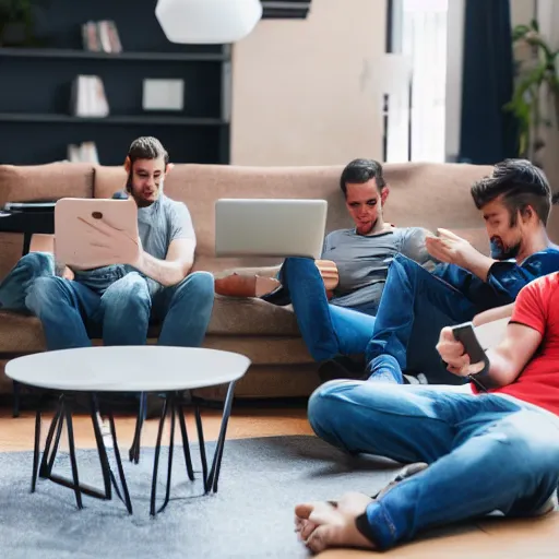 Prompt: virgin men sitting on their couches using stable diffusion in discord on their phones, too down perspective