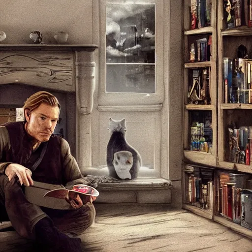 Image similar to ewan mcgregor is having a coffee in a draw room, white cat, huge bookshelf at the background, fireplace, digital art, very detailed, extreme long shot, atmosphere, dramatic lighting, epic composition, wide angle, by miyazaki, nausicaa ghibli, breath of the wild