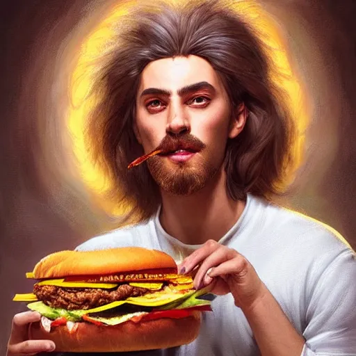 Image similar to portrait of a kosmo Kramer eating a hamburger, extra onions and ketchup, luscious patty with sesame seeds, masculine, handsome, D&D, fantasy, intricate, elegant, highly detailed, digital painting, artstation, concept art, matte, sharp focus, illustration, art by Artgerm and Greg Rutkowski and Alphonse Mucha