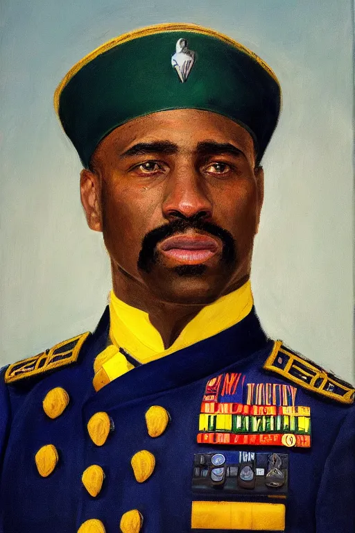 Prompt: full body portrait of the dictator of the nba utah jazz, 1 8 8 9, in full military garb, navy blue, green, yellow, oil on canvas by william sidney mount, trending on artstation