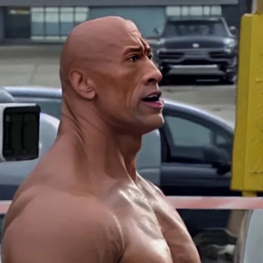 Prompt: cctv footage of angry dwayne the rock johnson in parking lot